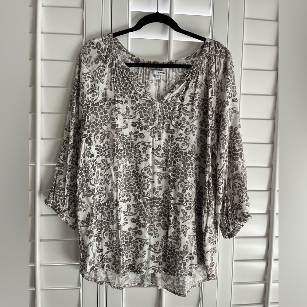 SONOMA Brown & Cream Floral Print V-Neck 3/4 Sleeve Blouse Size XL